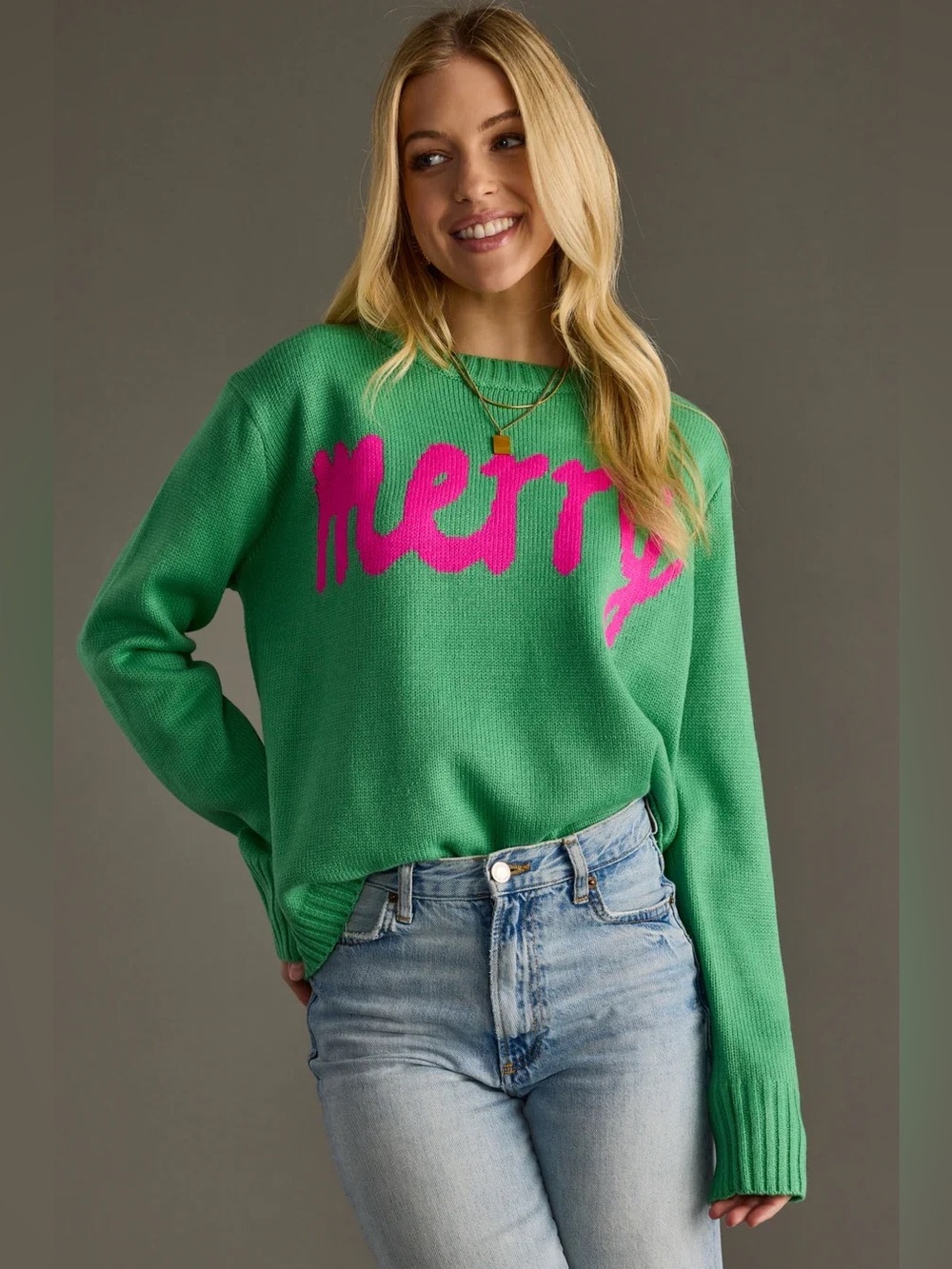 Green Crewneck Sweater with Pink 'Merry' Graphic